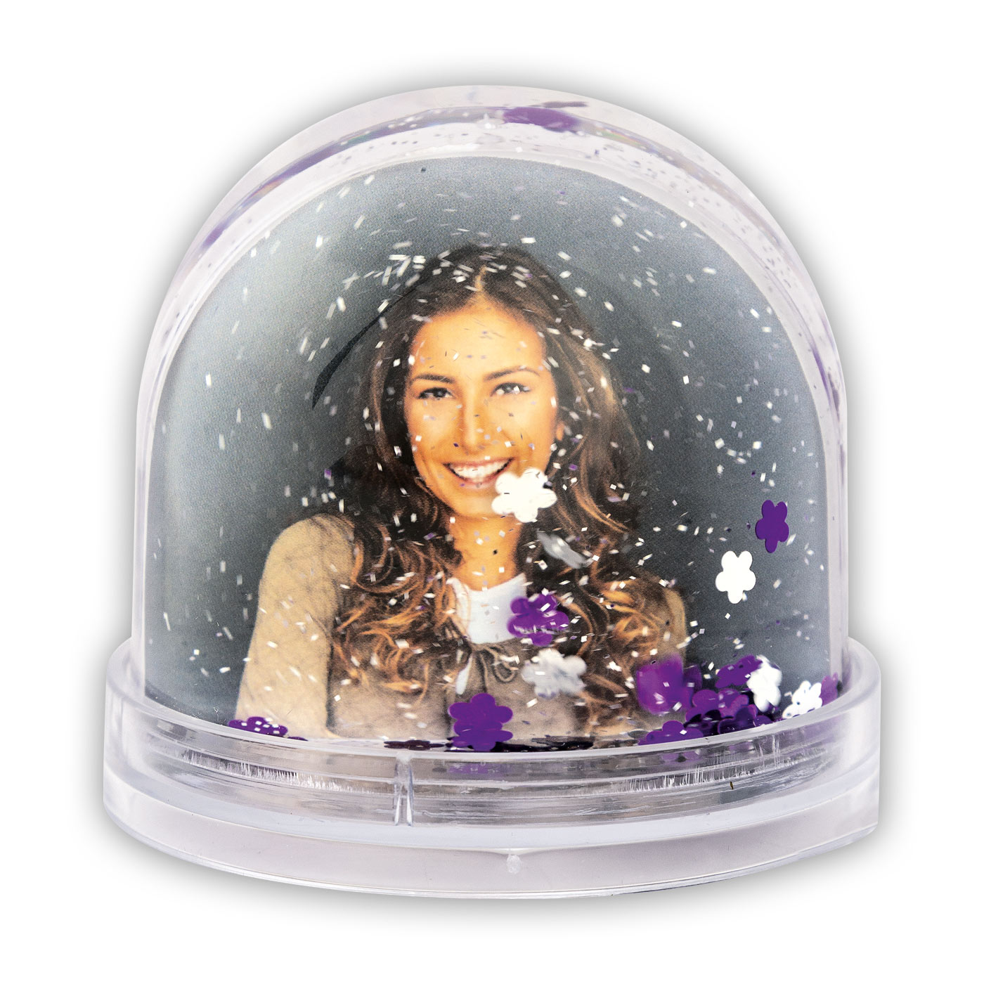 globe ovale con all'interno acqua e fiorellini bianchi e viola possibilità di personalizzare con doppia foto avanti e indietro