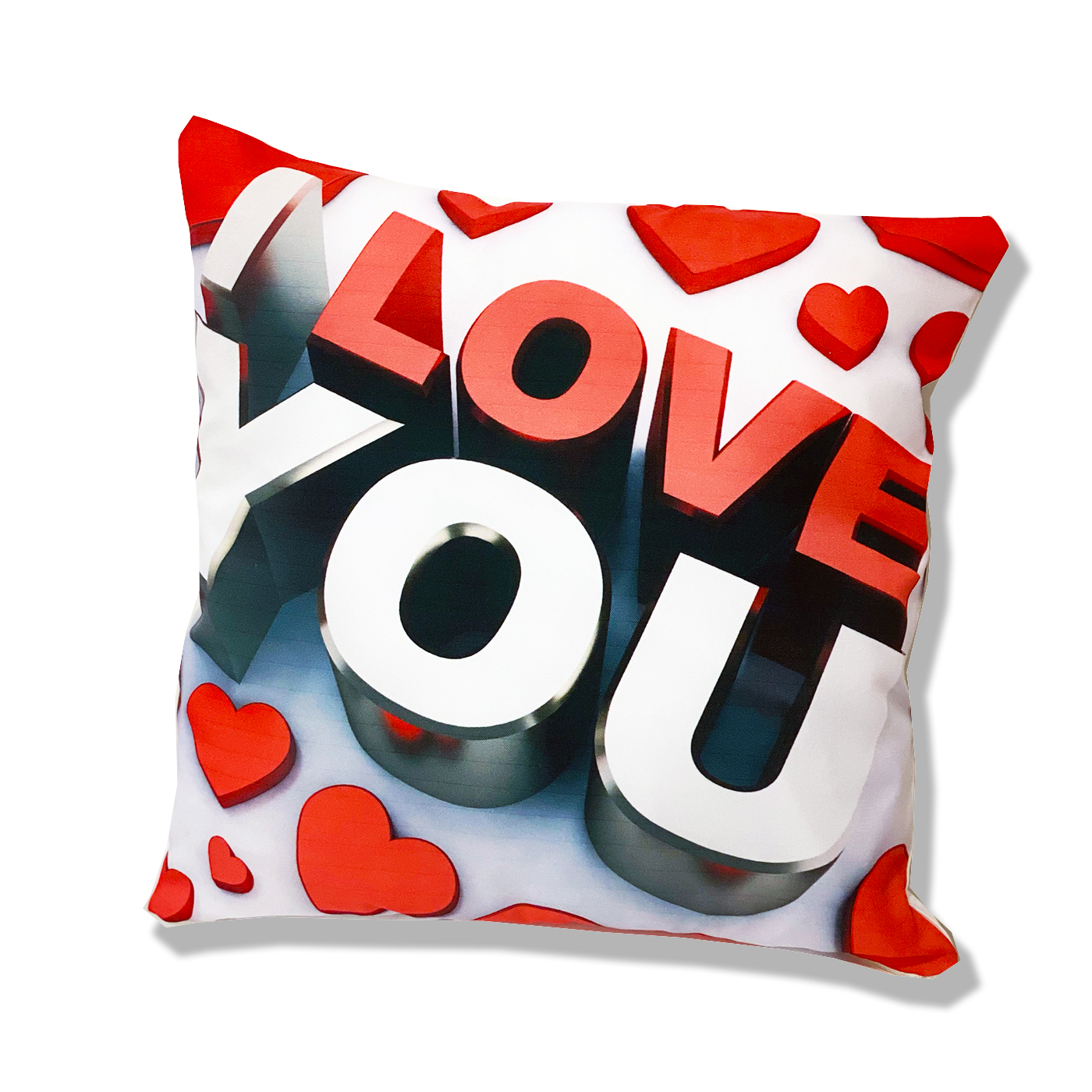 cuscino con grafica i love you e cuori, personalizzabile con foto scritte e immagini