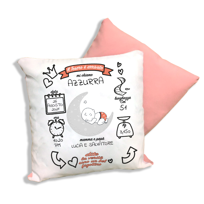 cuscino touch nascita rosa con possibilità di personalizzarlo con nomi e dati della neonata