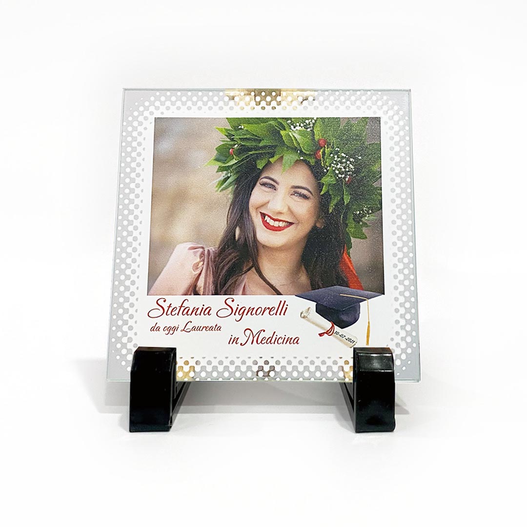 Mattonella Laurea personalizzata in vetro con foto-disegni-grafica 10x10cm +  piedini in plastica