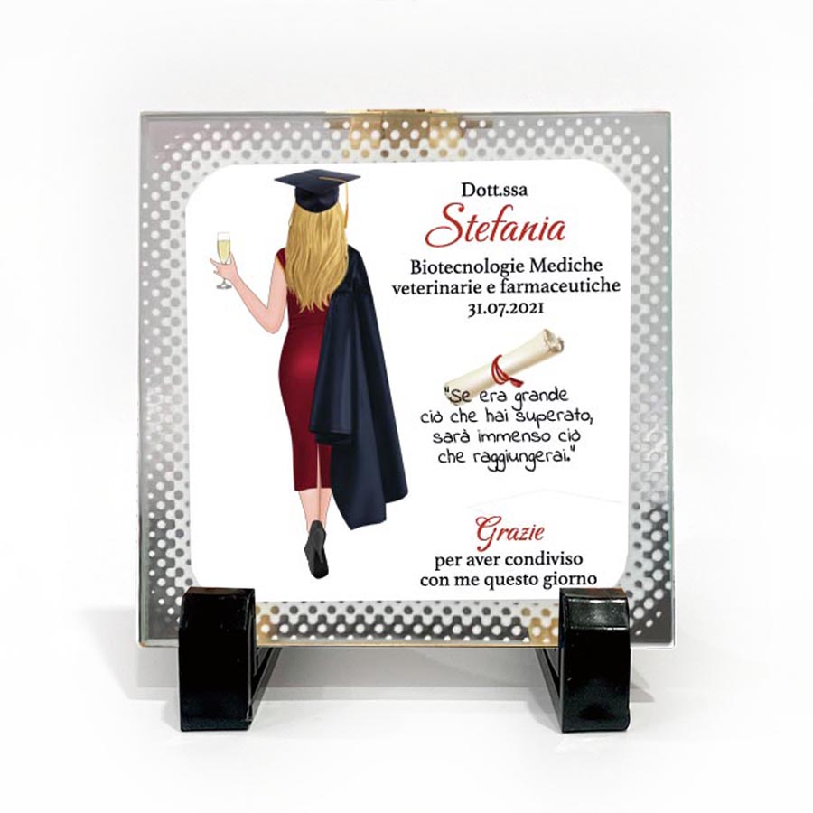 Mattonella in vetro Laurea con disegno-grafica Personalizzata 10x10cm +  piedini in plastica