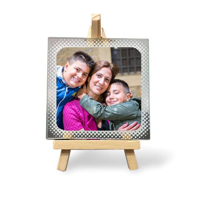 Mattonella Mamma 10x10 vetro con Foto Personalizzata + treppiedi in legno