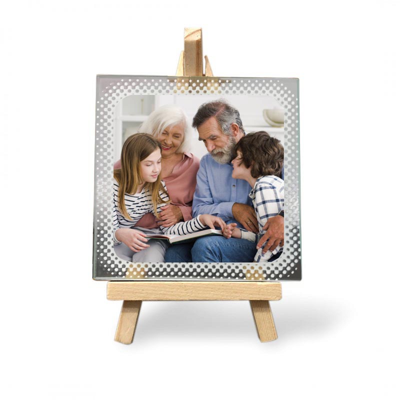 Mattonella Nonni 10x10 vetro con Foto Personalizzata + treppiedi in legno