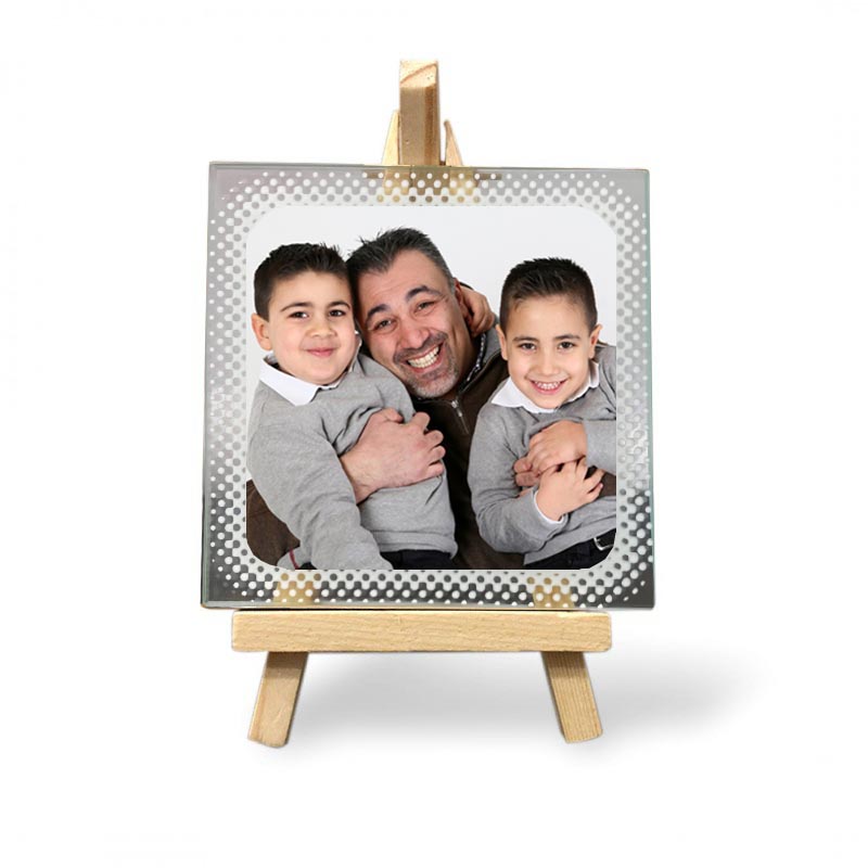 Mattonella Papà 10x10 vetro con Foto Personalizzata + treppiedi in legno