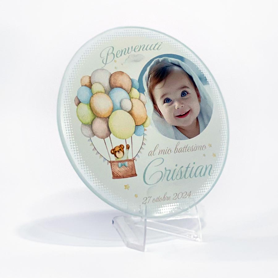 Bomboniera Mattonella Tonda in vetro personalizzata con foto-disegni-grafica 10x10cm +  supporto in plastica