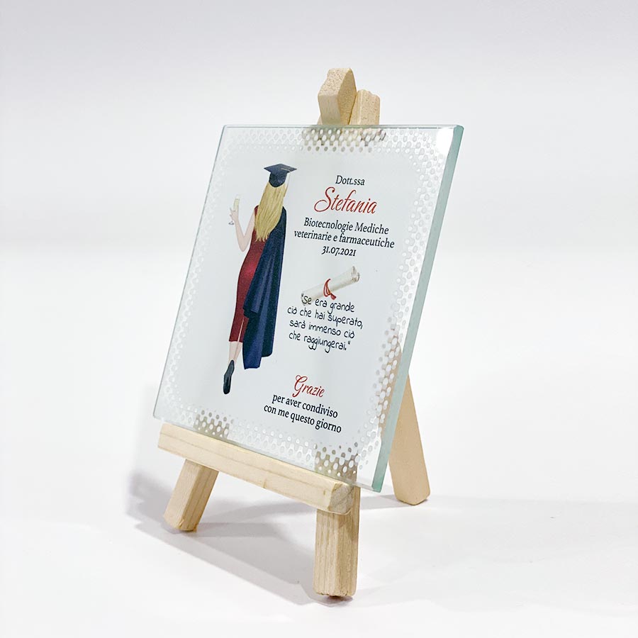 Mattonella in vetro Laurea con disegno-grafica Personalizzata 10x10cm + cavalletto legno