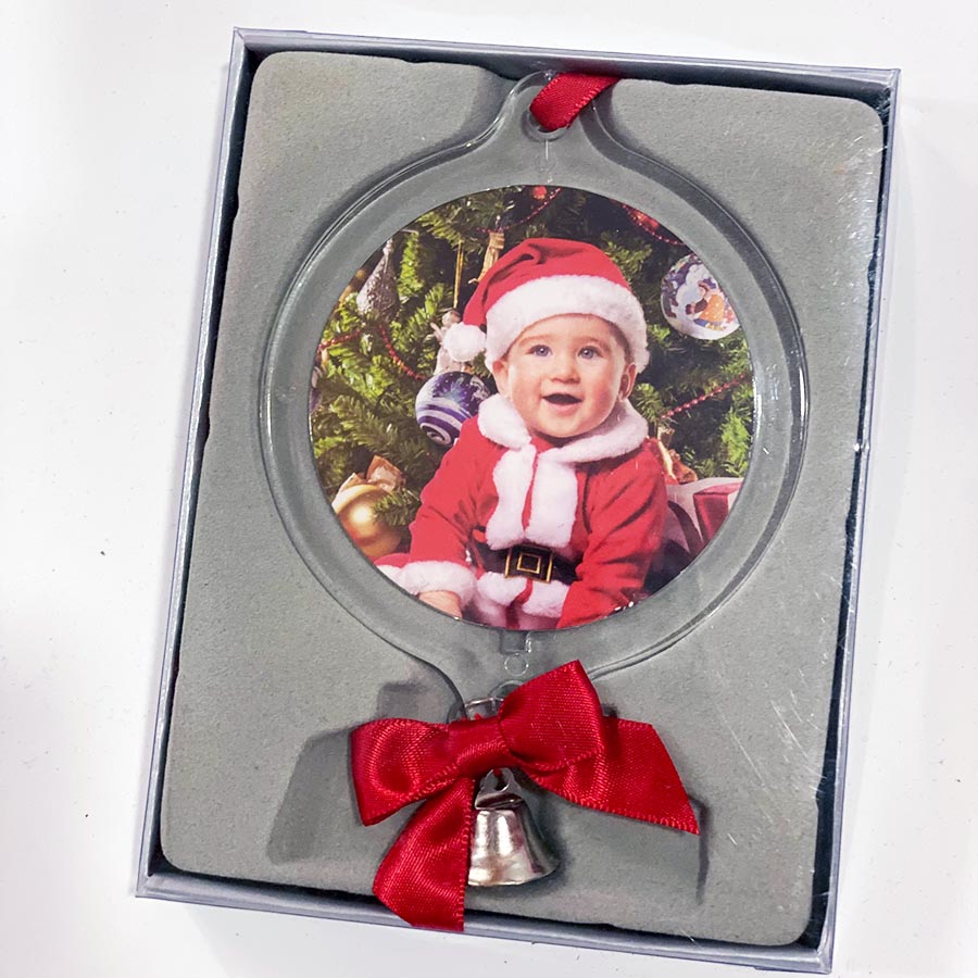 Pallina Natale Rotonda campanellino Piatta con Foto Omaggio